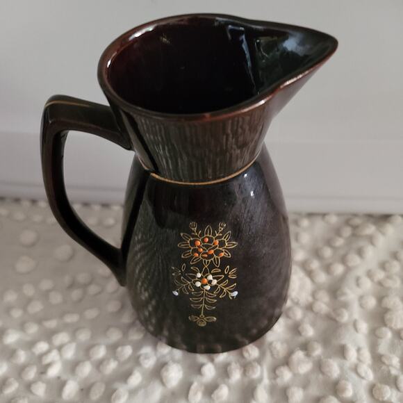 Vintage Chocolate Brown Hand Painted Moriage 7 inch Tall Redware Pitcher - Picture 3 of 5